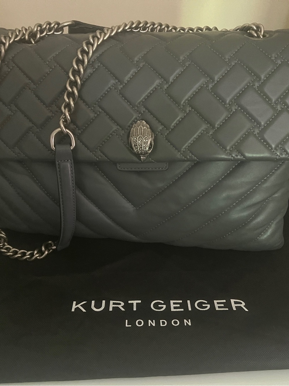 Kurt Geiger Quilted Shoulder Bag in Slate Gray with Silver Hardware